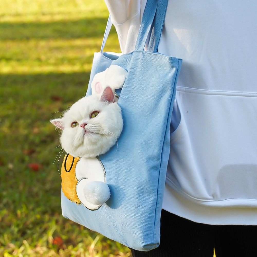 Cat riding safely in the canvas shoulder bag