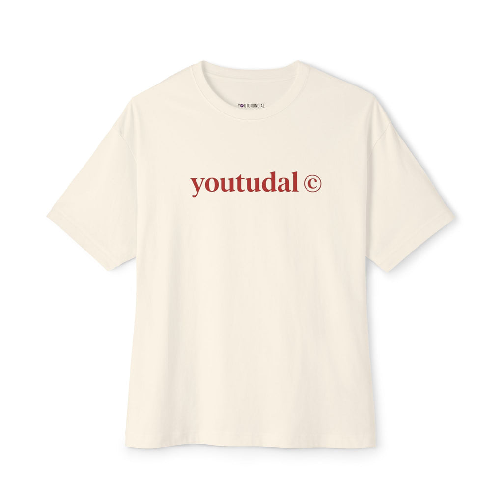 Beige t-shirt with 'youtudal' logo on a white background