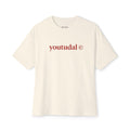 Beige t-shirt with 'youtudal' logo on a white background