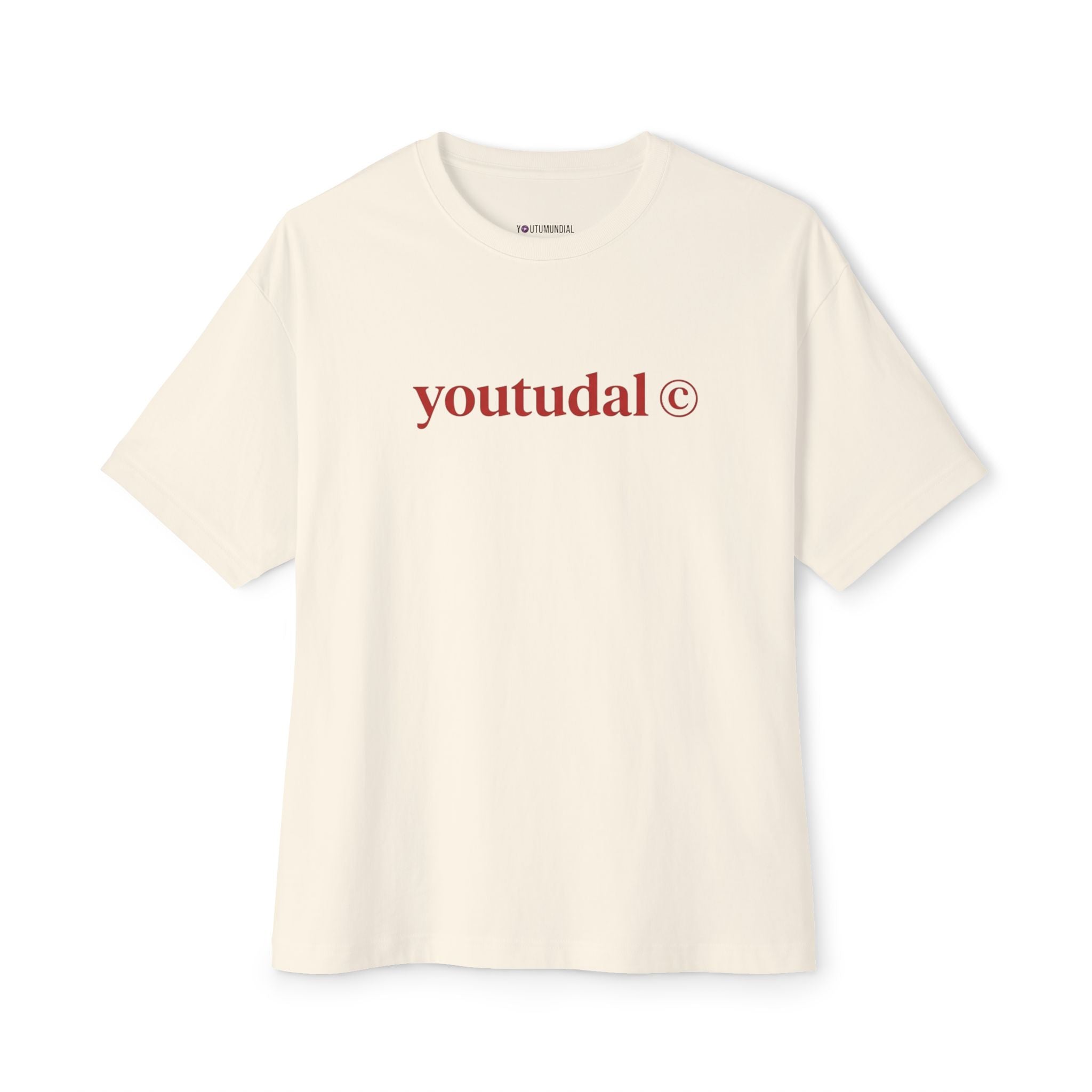 Beige t-shirt with 'youtudal' logo on a white background