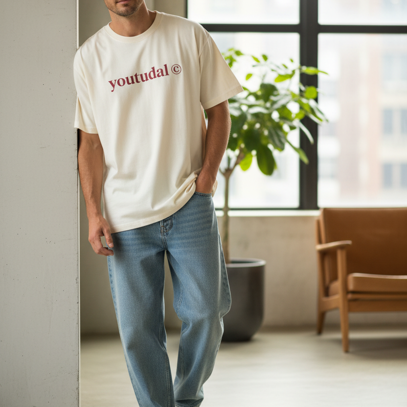 Man wearing a white t-shirt with red text, standing in a modern indoor setting.