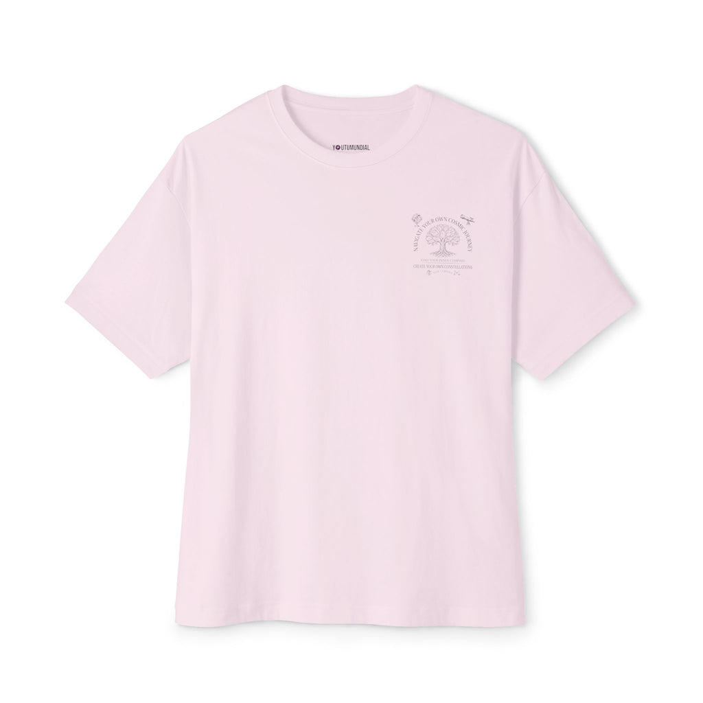 Light pink t-shirt with a small black logo on a white background
