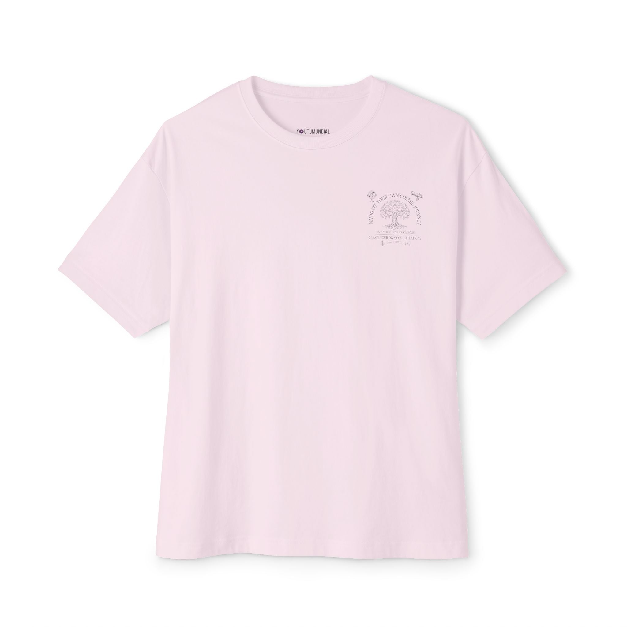 Light pink t-shirt with a small black logo on a white background