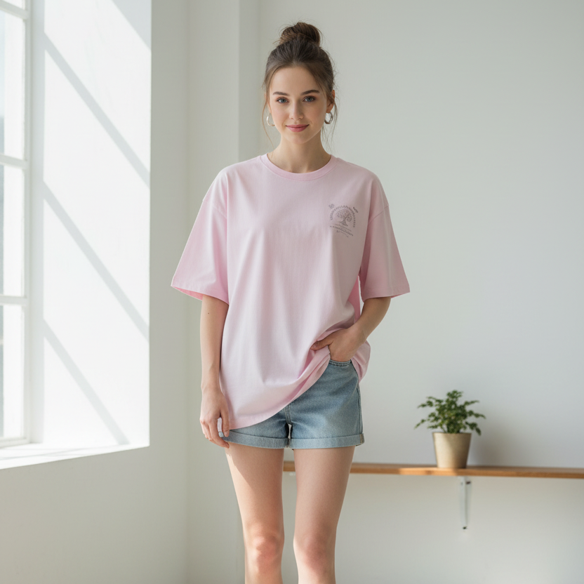 Woman wearing a pink oversized t-shirt and denim shorts standing in a bright room with a plant on a shelf.