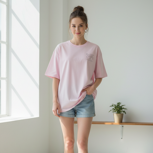 Woman wearing a pink oversized t-shirt and denim shorts standing in a bright room with a plant on a shelf.