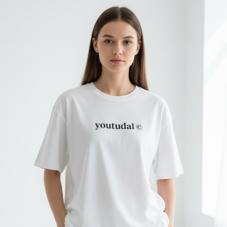 Person wearing a white t-shirt with 'youtudal' text on a plain background