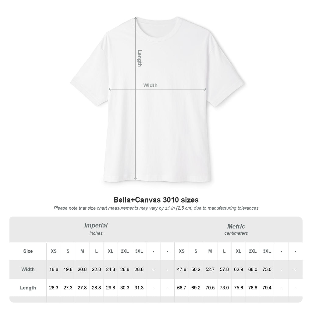 White t-shirt with measurement lines and Bella+Canvas size chart on a white background