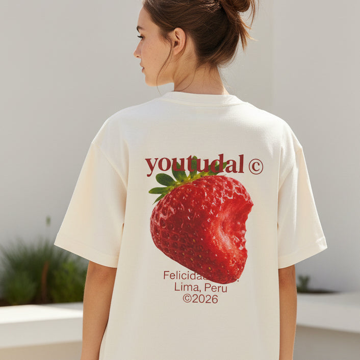 Beige t-shirt with a strawberry graphic and 'youtudal' branding on a white background