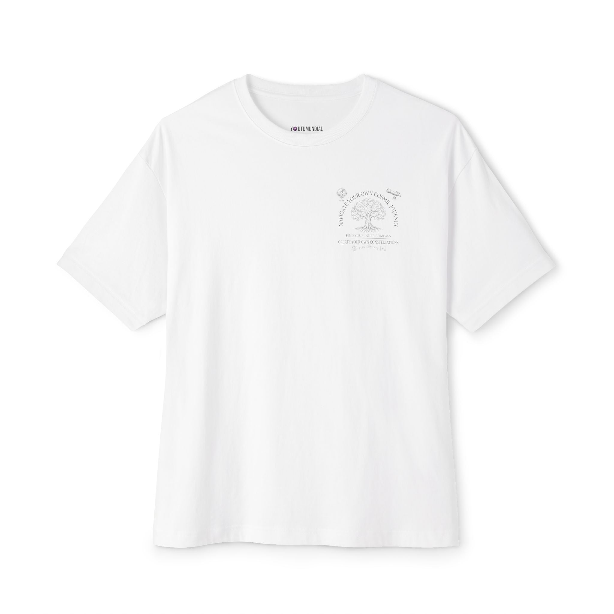 White t-shirt with a small logo on a white background