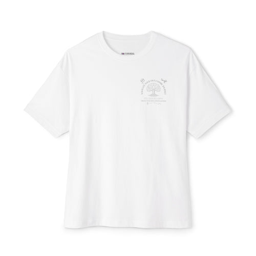 White t-shirt with a small logo on a white background