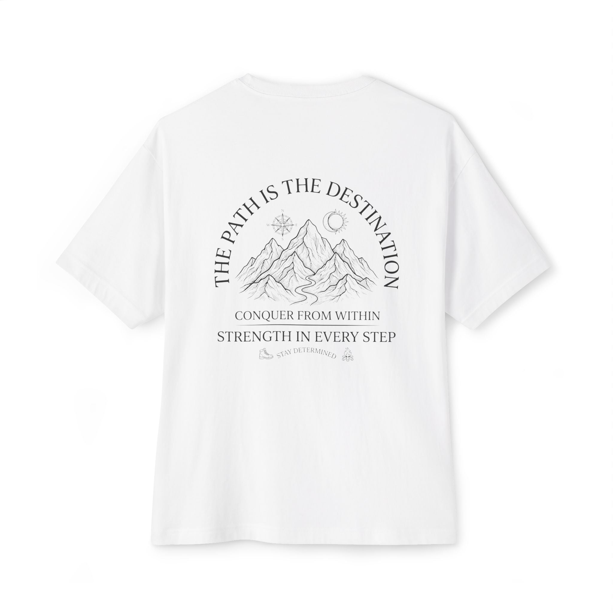 White t-shirt with mountain graphic and motivational text on a white background