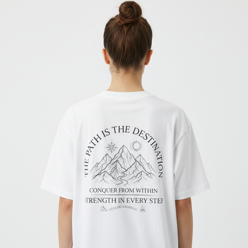 Person wearing a white t-shirt with a graphic design and text on a plain background