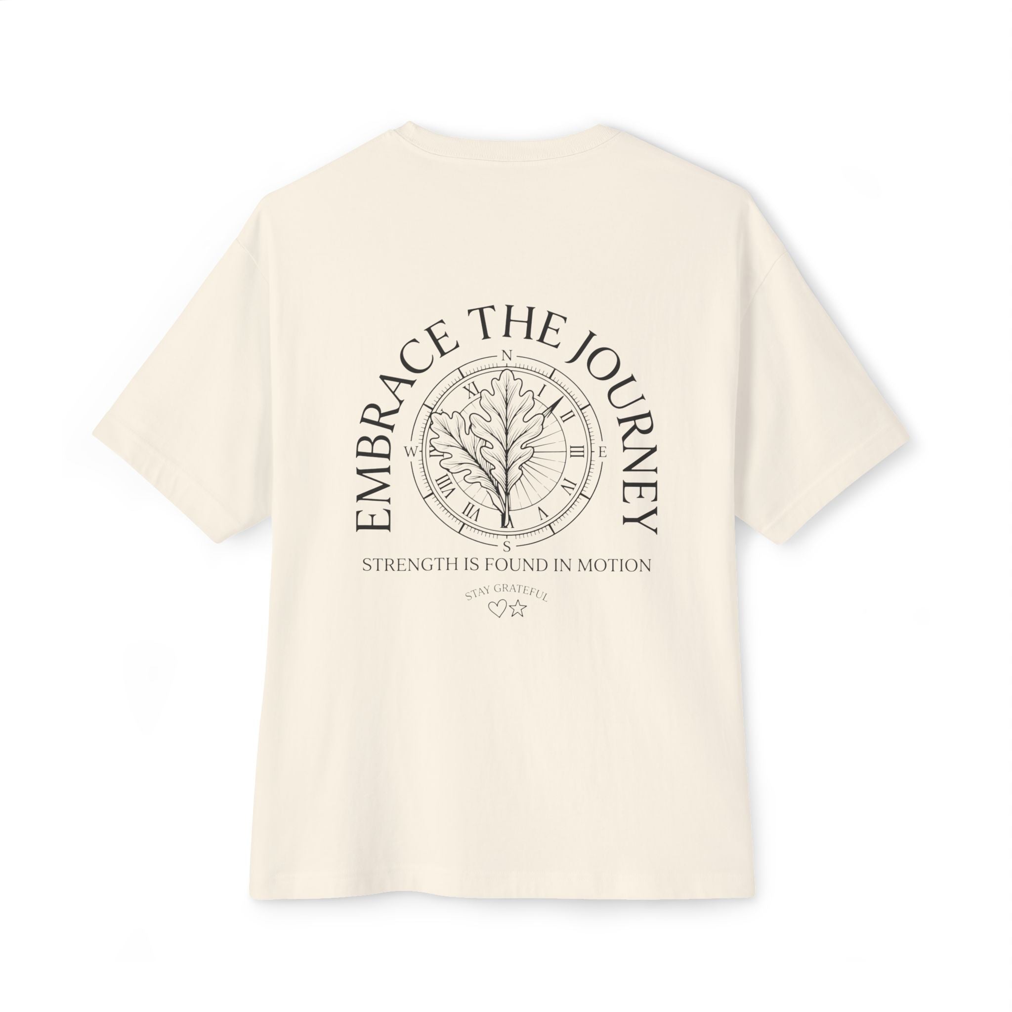 Beige t-shirt with motivational quote and tree design on a white background