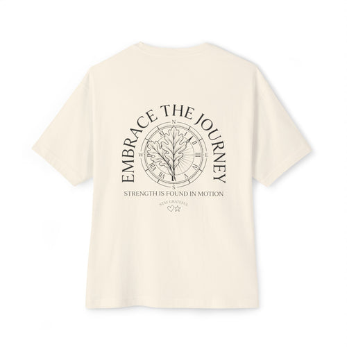 Beige t-shirt with motivational quote and tree design on a white background