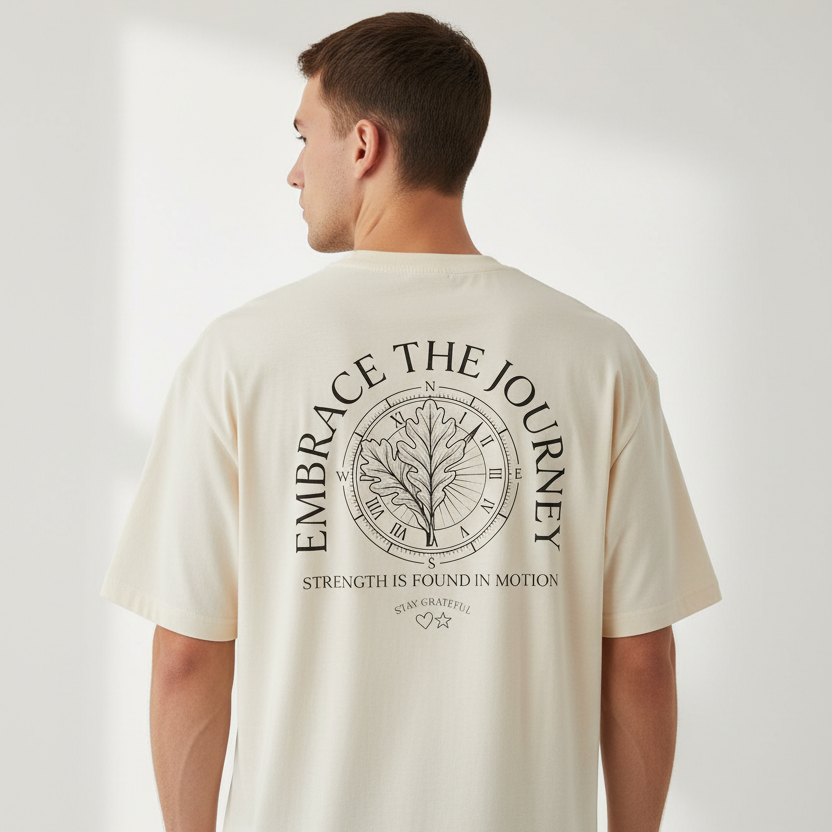 Man wearing a beige t-shirt with a design and text on the back against a white background