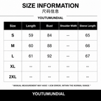 A size chart for YOUTUMUNDIAL clothing, showing size information in Chinese and a table with sizes S through 2XL, length, bust, shoulder width, and sleeve length.