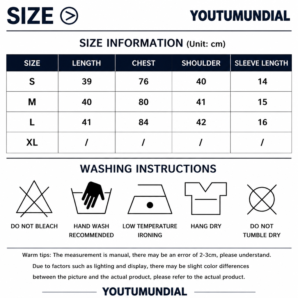 A size and care instruction chart for YOUTUMDIAL clothing, showing a size table from S to XL with length, chest, shoulder, and sleeve length measurements in centimeters, plus washing instruction icons and text.