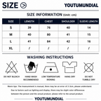 A size and care instruction chart for YOUTUMDIAL clothing, showing a size table from S to XL with length, chest, shoulder, and sleeve length measurements in centimeters, plus washing instruction icons and text.
