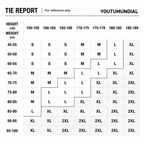 A size reference chart titled 'TIE REPORT' and 'YOUTUMUNDIAL' showing height and weight ranges mapped to size letters from S to 2XL in a grid format.