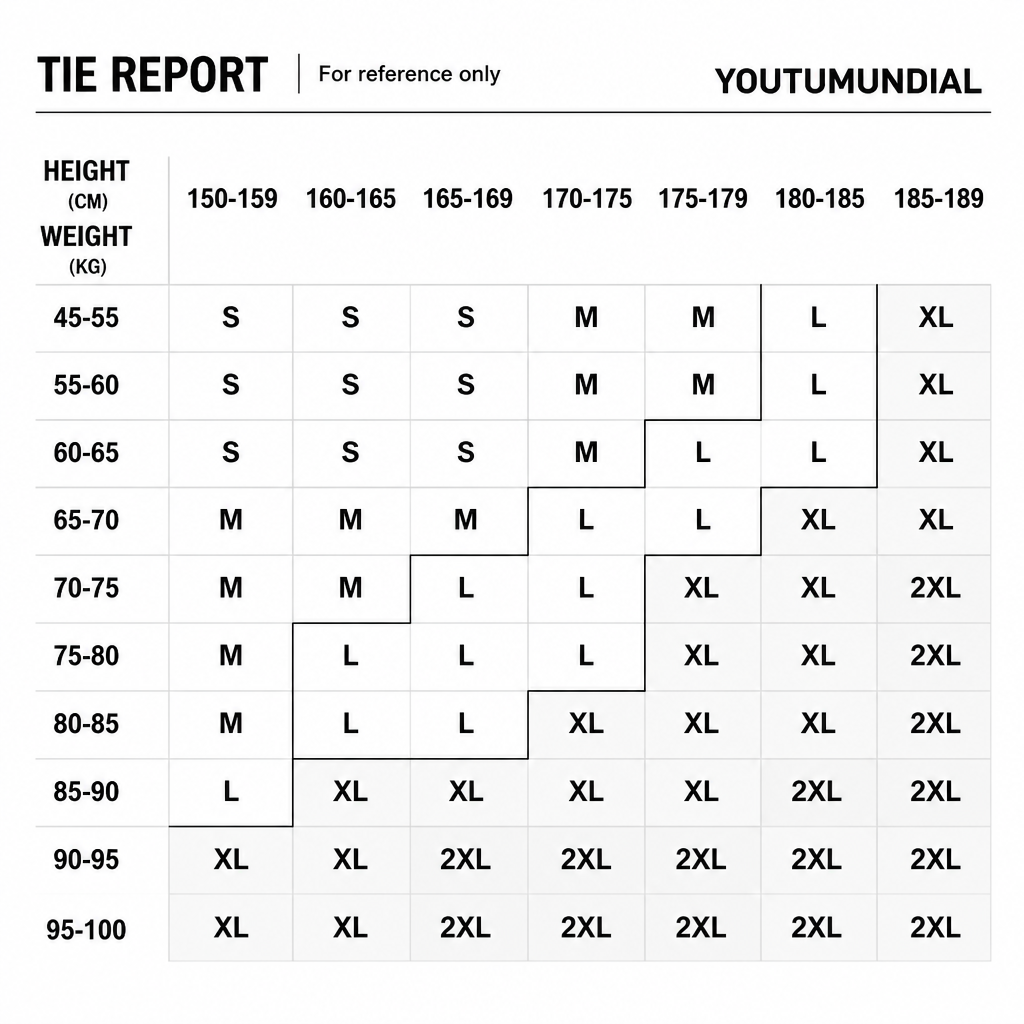 A size reference chart titled 'TIE REPORT' and 'YOUTUMUNDIAL' showing height and weight ranges mapped to size letters from S to 2XL in a grid format.