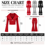 A size chart graphic for a women's two-piece tracksuit set, showing jacket and flare pants measurements with a size table at the bottom. The chart includes color options for red, heather gray, and black, with labeled measurements on a clean white background.