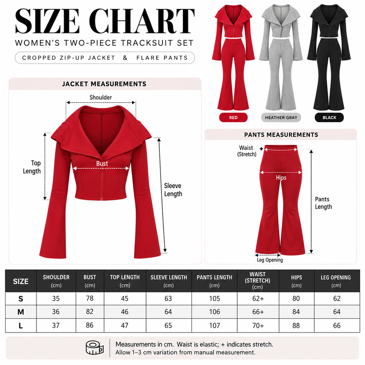 A size chart graphic for a women's two-piece tracksuit set, showing jacket and flare pants measurements with a size table at the bottom. The chart includes color options for red, heather gray, and black, with labeled measurements on a clean white background.
