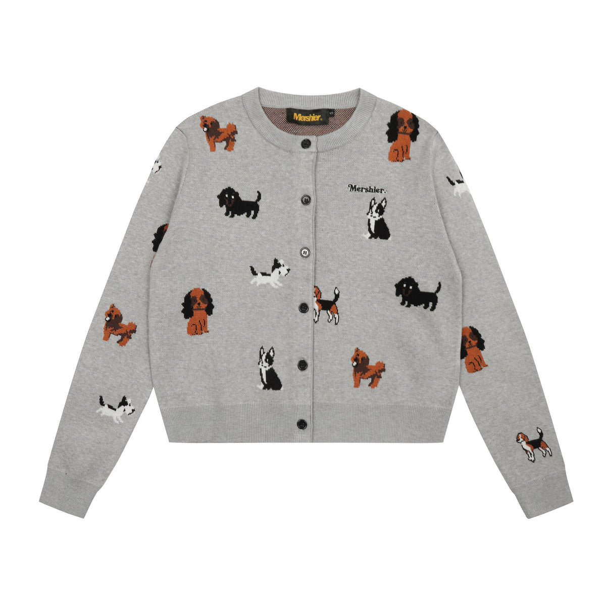Adorable grey knit cardigan featuring a charming puppy print design. This cropped style offers a playful, contemporary look perfect for casual outings or layering. Crafted from soft, comfortable knit fabric that moves with you throughout the day. The cropped length pairs effortlessly with high-waisted bottoms for a modern silhouette. Ideal for animal lovers seeking a cozy yet stylish piece to add to their wardrobe.