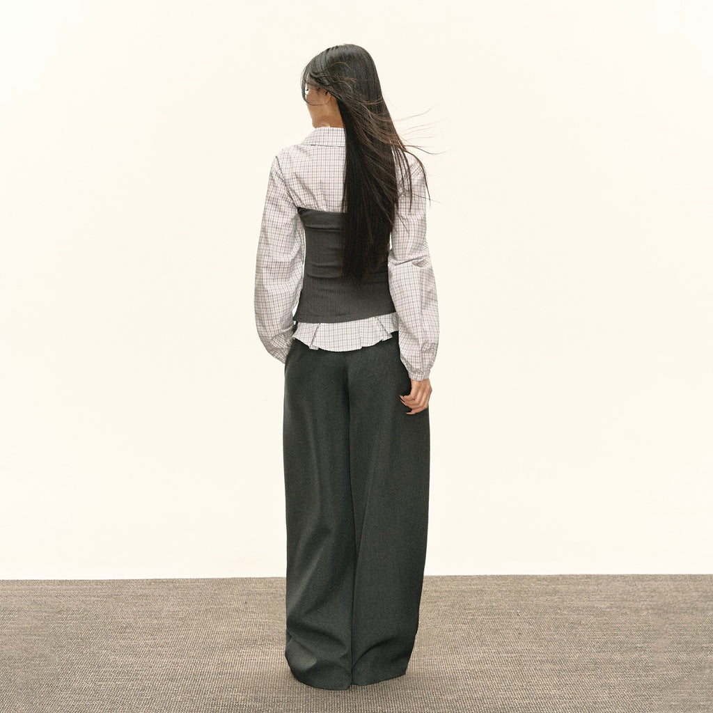 Ariseism 美式格子拼接假两件长袖上衣+长裤套装女春季新款两件套