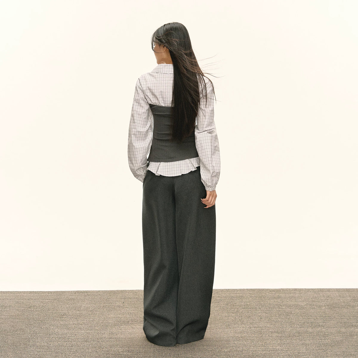 Ariseism 美式格子拼接假两件长袖上衣+长裤套装女春季新款两件套