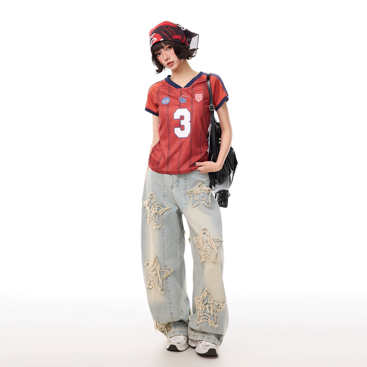 K787 American Casual Hot Girl Style Satin V-neck Jersey T-shirt Women's Sports Shirt Breathable Football Style Short-sleeved T-shirt