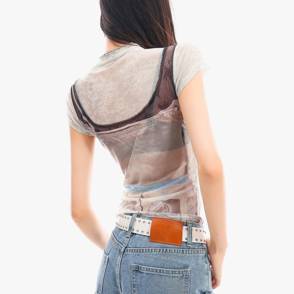 QQ SHOWCASE 3D Print Sheer Mesh Crop Top