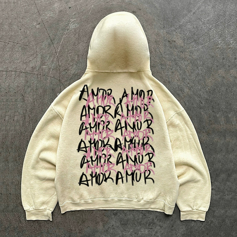 Pink Graffiti Loose Heavy Hooded Sweatshirt for Unisex