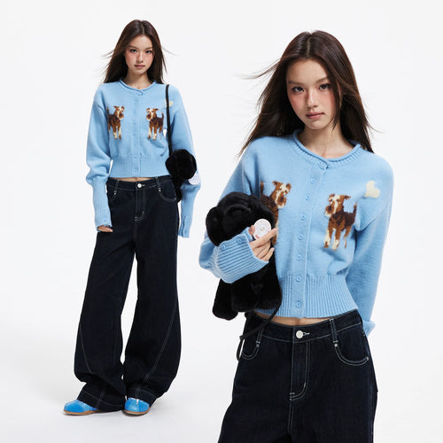 APEA's cozy puppy jacquard knit cardigan in a cropped, waist-cinching silhouette — an effortlessly chic layering piece for fall and winter.