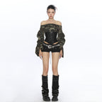 BIGGOLD's camo print off-shoulder top with a waist-cinching tie detail — a sexy, flattering long-sleeve style for summer.