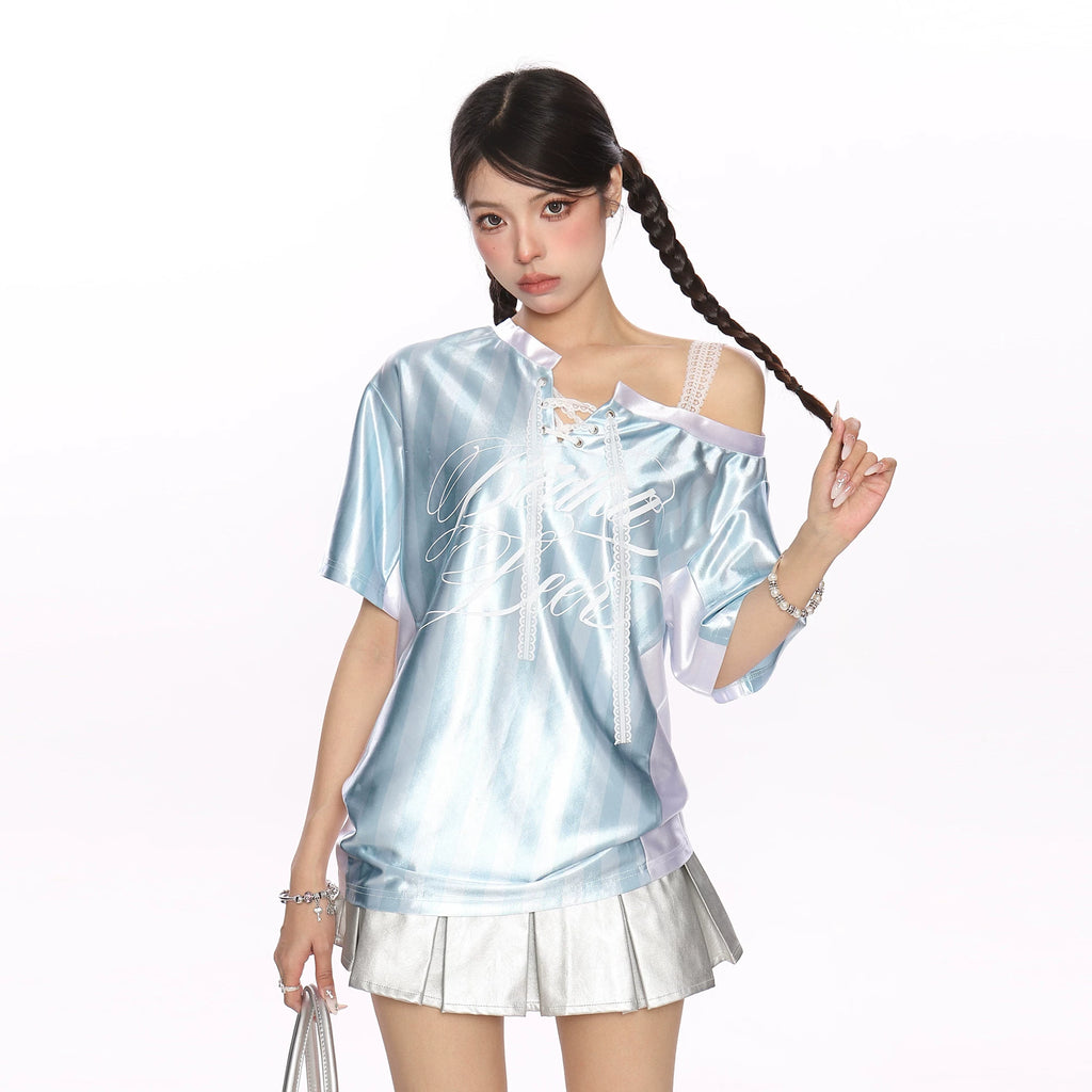 2025夏季蕾丝斜肩吊带T恤 显瘦条纹短袖上衣 女士宽松版型设计