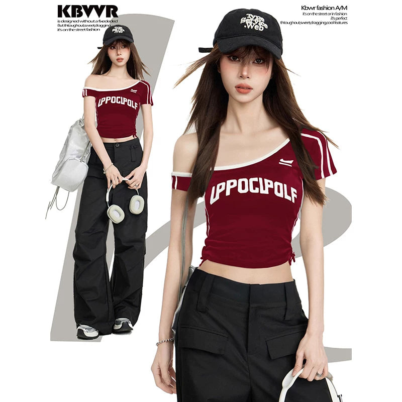 KBVVR Women's Red Off-Shoulder Cropped Jersey-Style Top